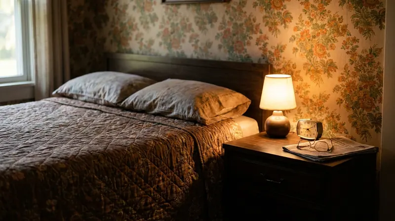 An older man's tidy 1970s bedroom with a quilted bedspread, a nightstand with a clock and reading glasses, and no visible equipment